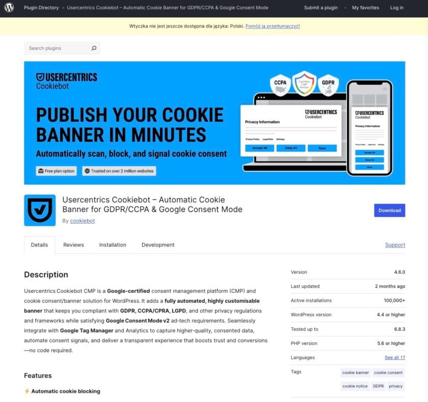 Cookiebot w WordPress