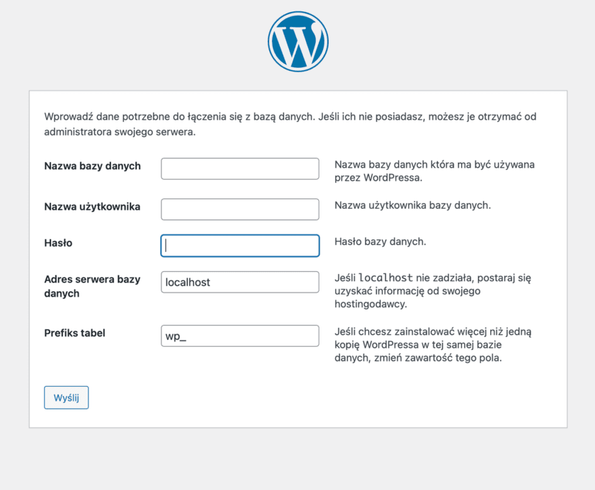 Instalacja WordPressa - podawanie informacji o bazie danych