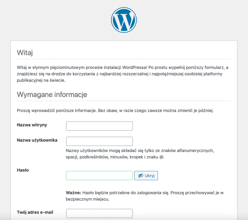 Wymagane informacje przy instalacji WordPressa