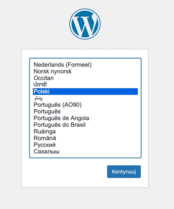 Instalacja WordPressa - wybór języka