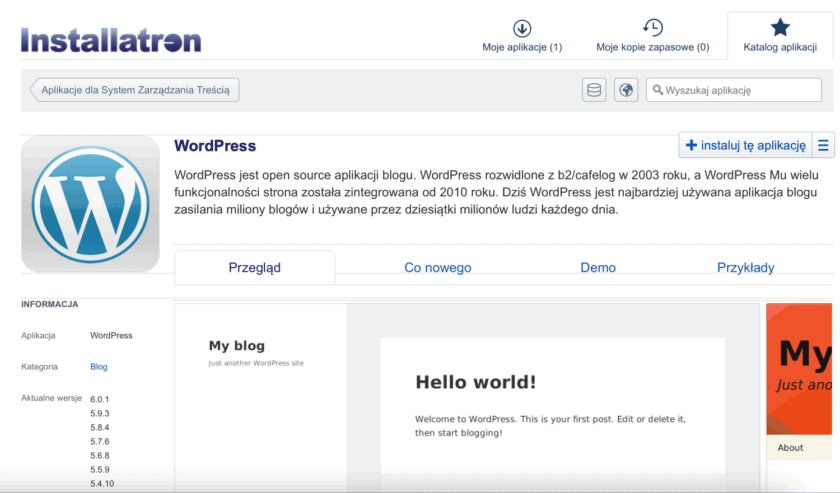 Instalacja WordPressa przez Installatron