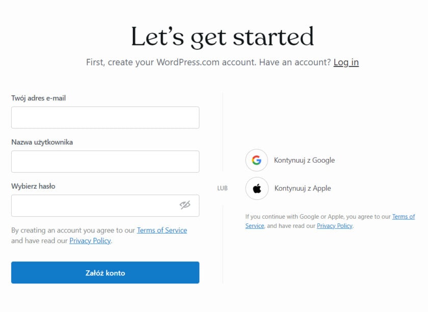 Rejestracja na WordPress.com